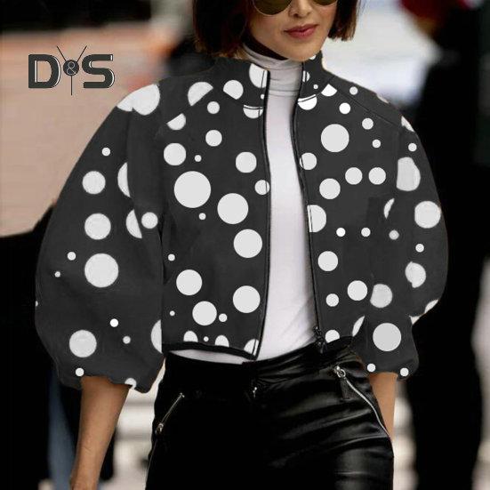 Giacca da donna con colletto alto, stampa a pois abbinata, chiusura con cerniera, corta, ampia, a maniche lunghe, cardigan casual da donna