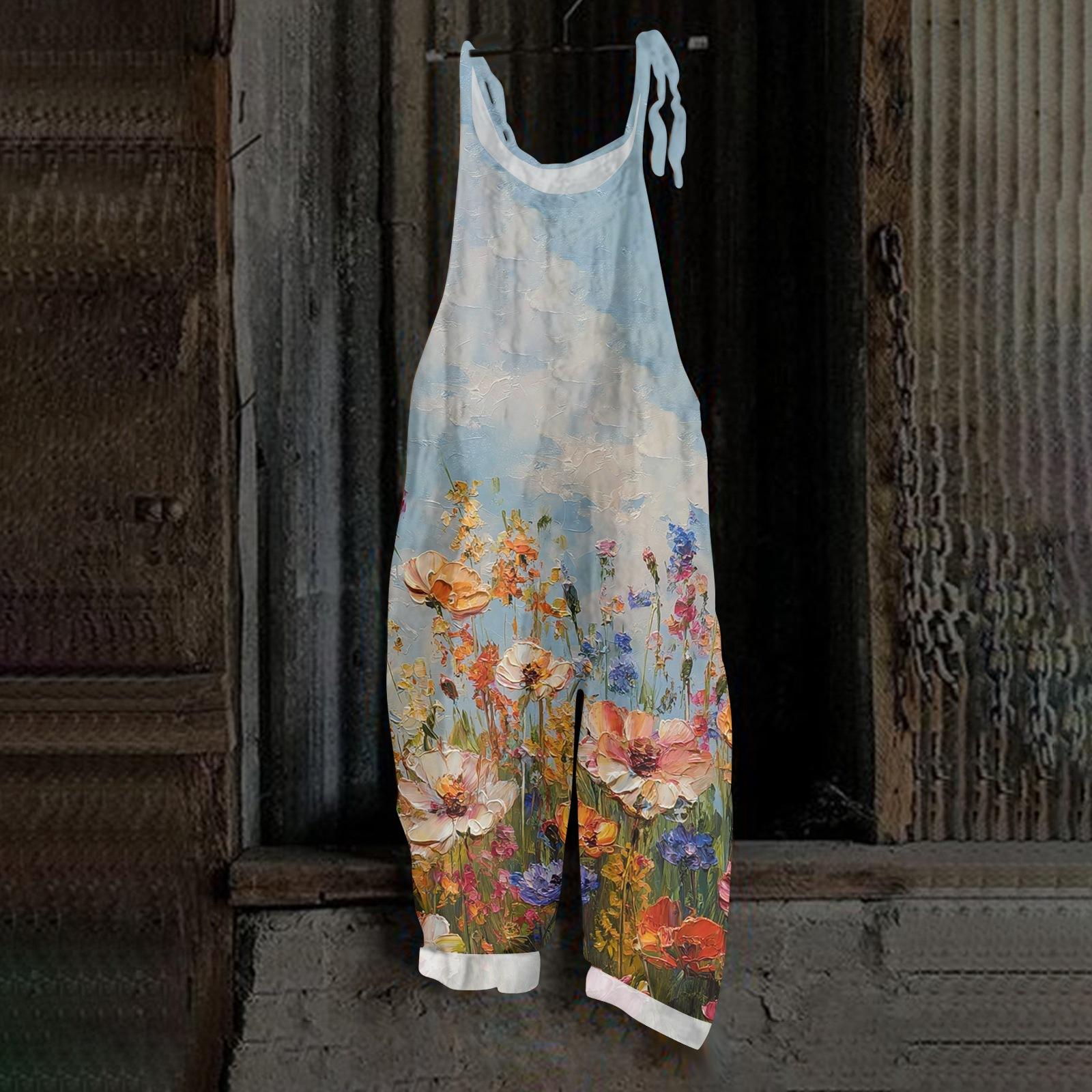 

Женский ретро принт, повседневный свободный, ретро комбинезон, хлопок и лен, цельные брюки XXXXXL синий