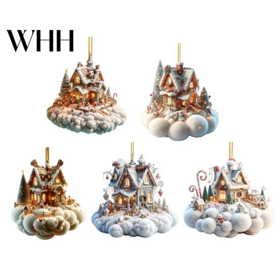 Holiday House Hanging Decor Christmas Pendant Acrylic 2D Flat Ornament Mini Snow-covered Cabin Cartoon Decoration for Tree Mantel Car Charming