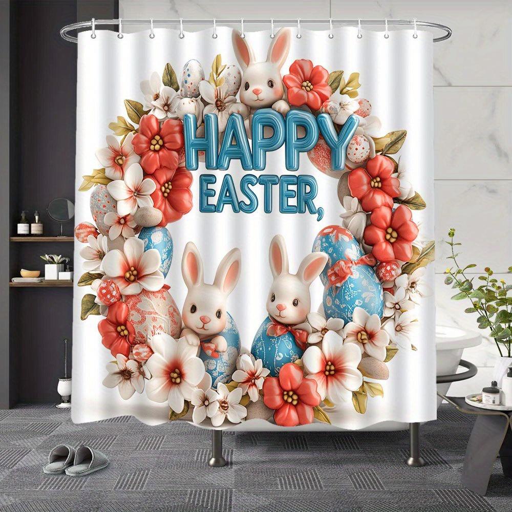 

Easter Shower Curtain - Fun Bunny & Eggs, Soft Warm Artistic Prints, Rustic Style, Home & Bathroom Decor, 1Pc With Hooks W60H190(CM)-1 Pcs