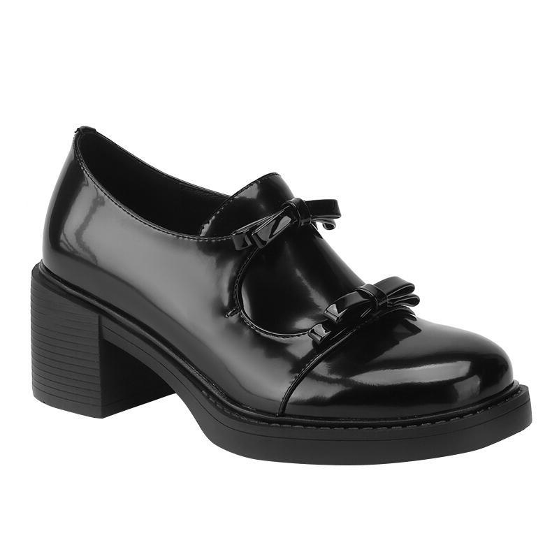 Soft cowhide~ Genuine leather bow thick heel small leather shoes women's spring new British black high heel loafers single shoes