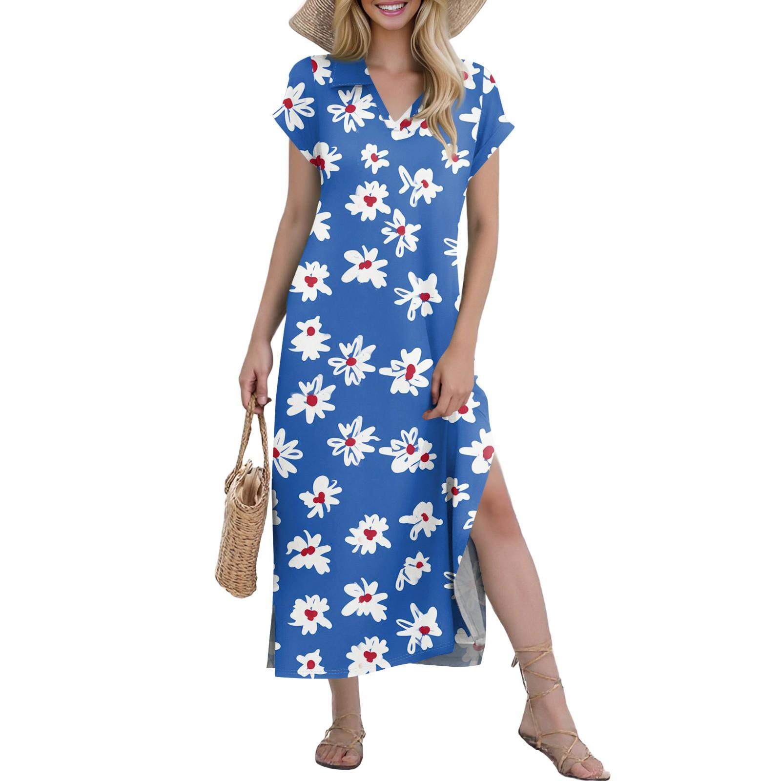 

Женские повседневные удобные платья с V-образным вырезом, свободным подолом с разрезом, короткими рукавами, с цветочным принтом, длинные XXL