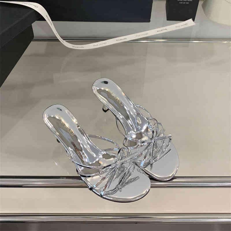 Summer Women Round Toe High Heel Slippers Fashion Butterfly-knot Dress Slide Ladies Evening Party Sandalias