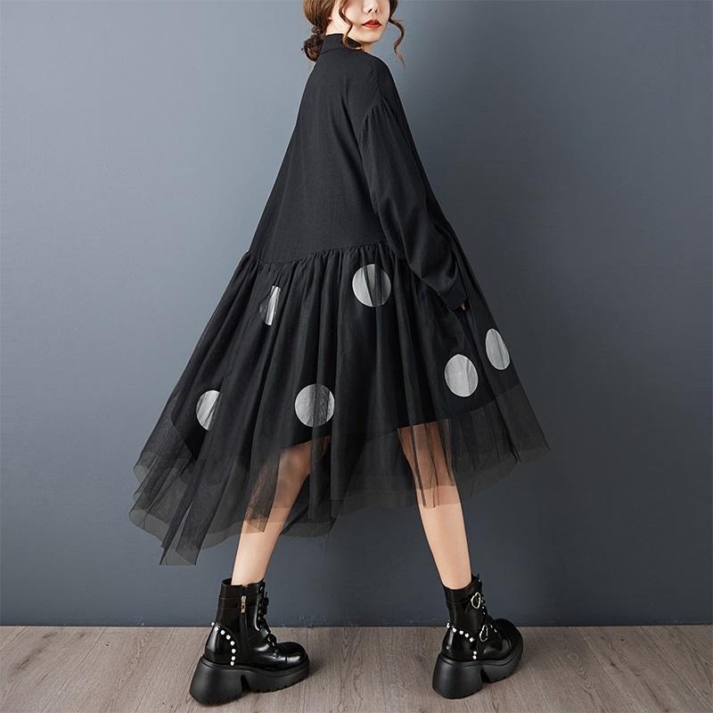 Robe chemise à manches longues grande taille en coton noir à pois vintage, nouvelle collection, robes pour femmes, décontractée ample, printemps automne