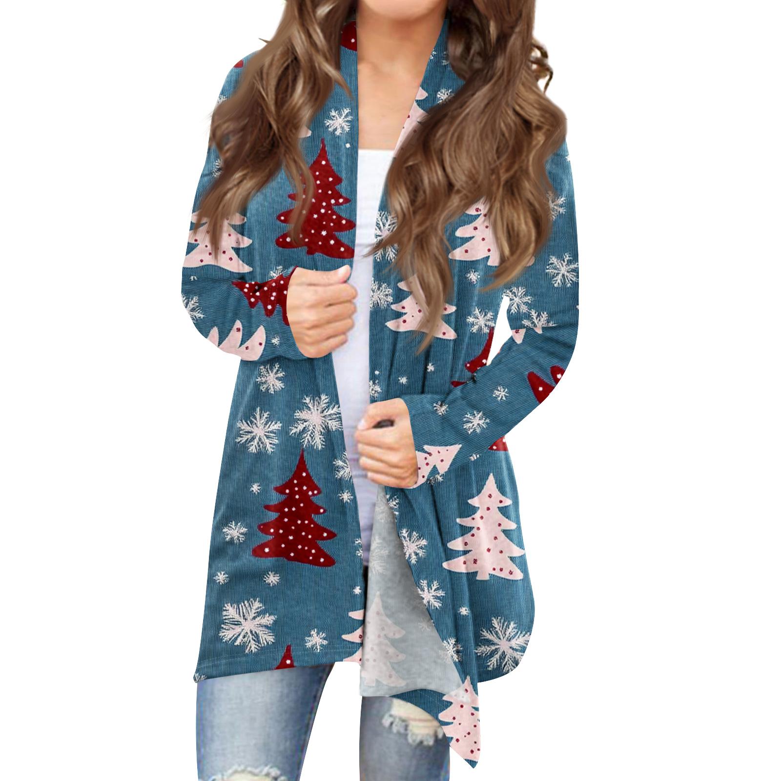 

Women s Fashionable Loose-Fit Casual Cardigan With Christmas Print Mid-Length Coat L