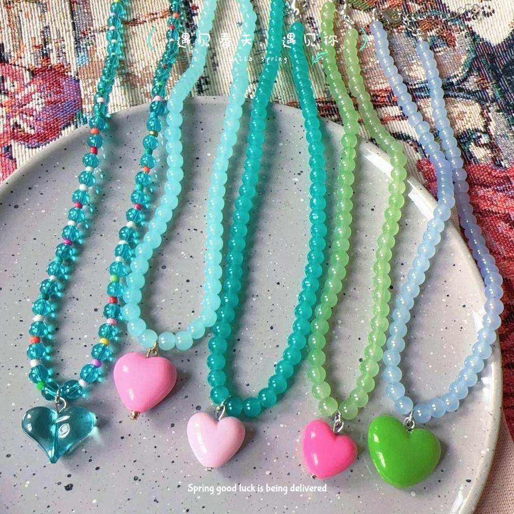 Candy Color Dopamine Heart Pendant Necklace Glass Beaded Beads Neck Chain Choker Necklace  For Girl
