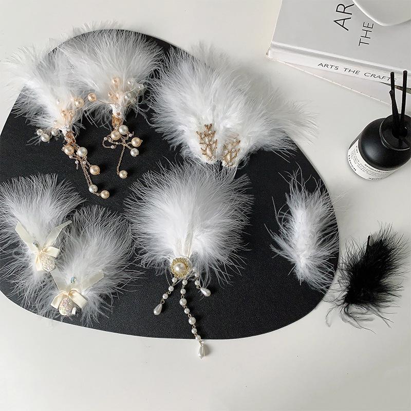 

Fluffy Fairy Pearl Bow & Feather Headdress - Sweet Princess Hair Accessory with Tassel Side Clip.