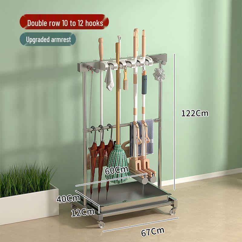 Stainless Steel Mobile Mop and Broom Holder Stand for Cleaning Tools