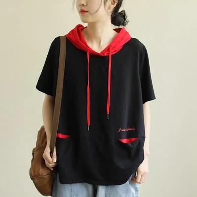 100% coton Solide Poche Pull Femmes À Capuche Coupe Ample Sweat Manches Courtes Rouge Sweatshirt À Capuche Haut