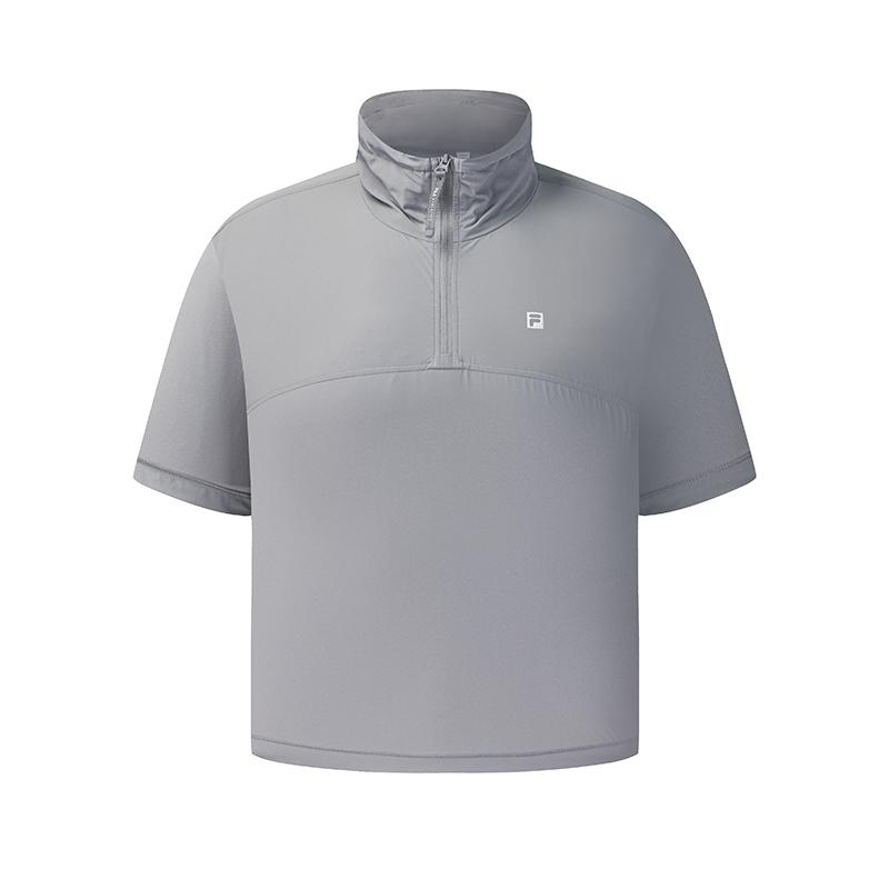 FILA Fitness Cool Touch Solid Color Simple Stand Collar Short Sleeve T-Shirt Women tops A11W631107FGY S