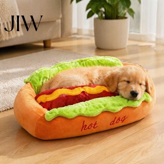 Kleintierbett für Geburtstagsgeschenk Hot Dog Bett, Niedliches Gemütliches Kuschel-Bett mit Abnehmbarem Waschbarem Polster, Lustige Langlebige Haustiermöbel Zuhause Brötchen Plüsch Hunde Katzen