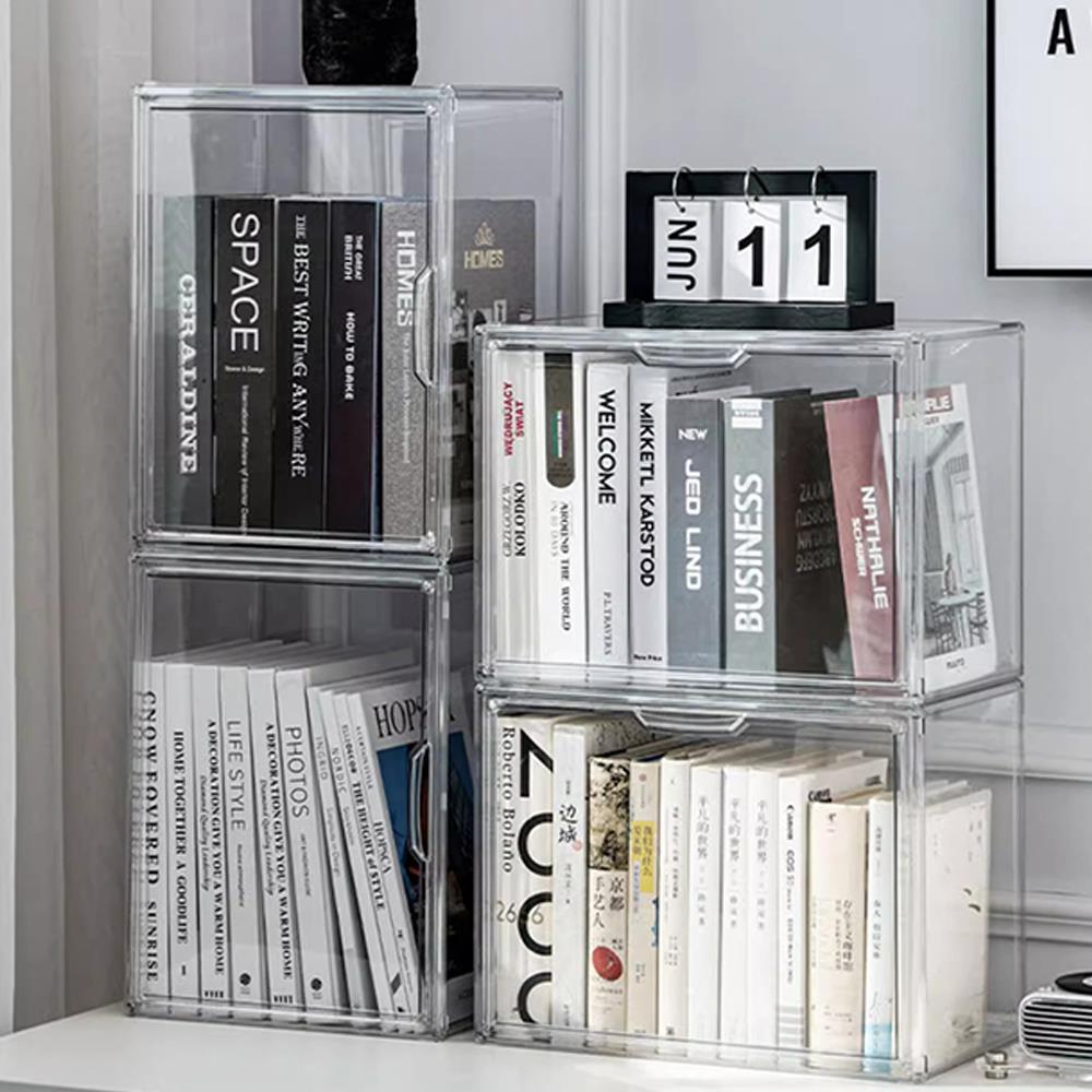 Transparenter Vitrinenschrank Acryl Schreibtisch-Organizer-Box Buchaufbewahrungsboxen Große Kapazität Sortierbox Bücherregal Staubdicht