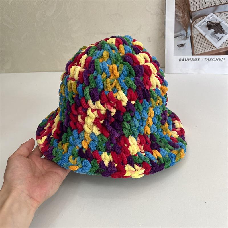 

Женская осенне-зимняя теплая шапка грубой вязки смешанных цветов, нишевая цветовая гамма, шляпа-ведро M（56-58cm） зелёный