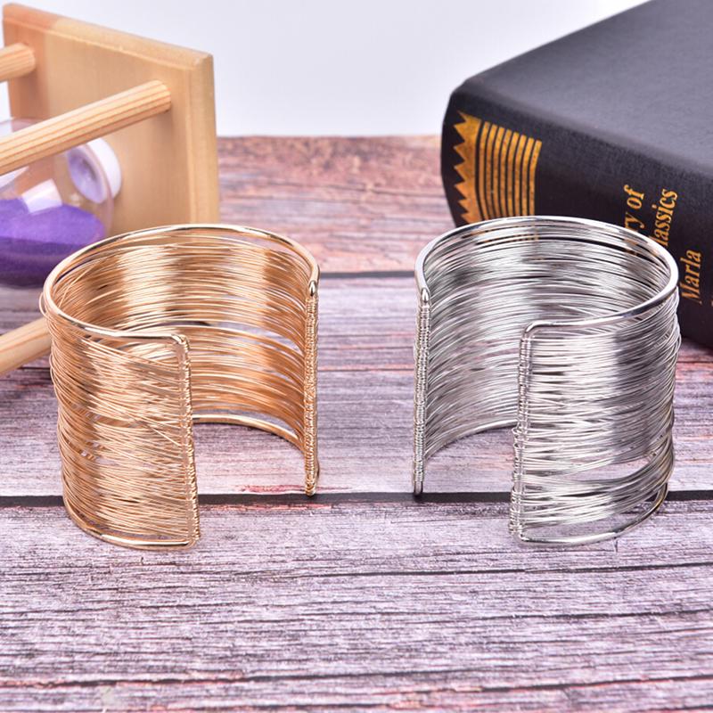 Women Multilayer Metal Wires Strings Open Bangle Wide Cuff Bracelet Jewelry