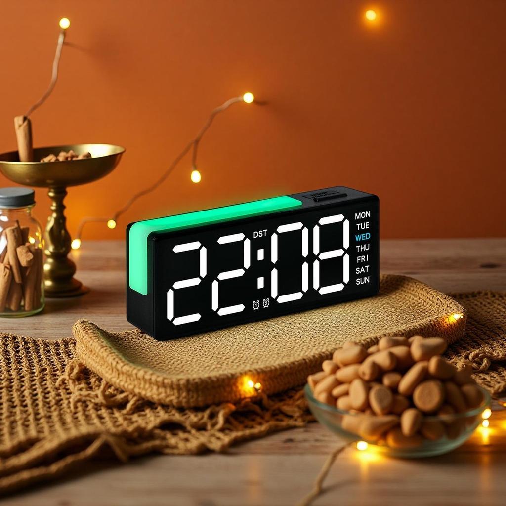 LED Digital Alarm Clock Atmosphere Light Date Teperature Week Display DST Snooze Table Clock 12/24H Brightness Adjustment