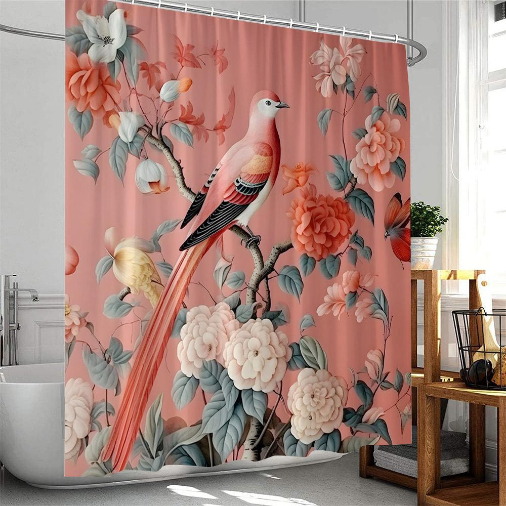 Birds Shower Curtain Elegant Home Decor For Bathroom Flowers Blossom Branched Floral Pink Polyester Bathtub Curtain With Hooks