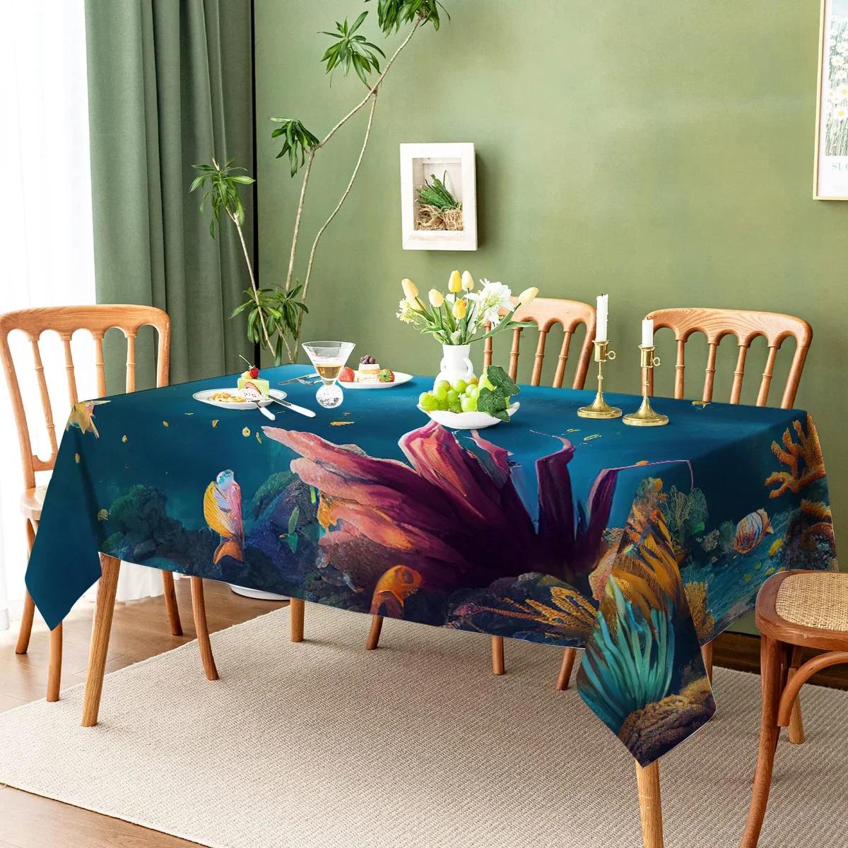 Waterdicht Marine Koraal Kwallen Vis Rechthoekig Polyester Tafelkleed Huisdecoratie Keuken Woonkamer Bruiloft Feest 70x70cm