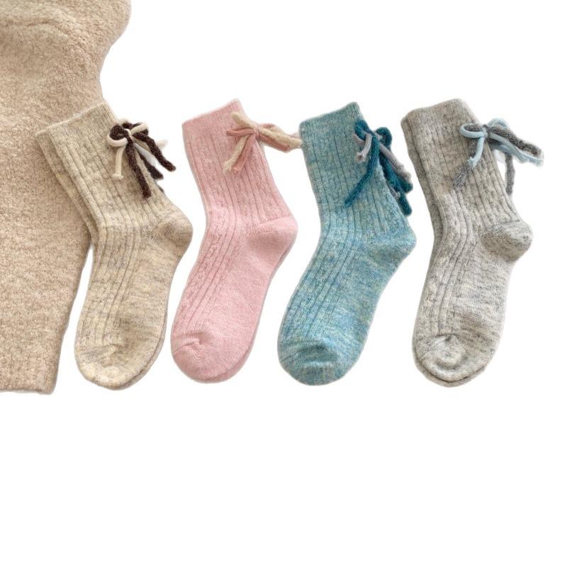 Bows Wool Socks - Children's Mid-length Socks, Suitable for Autumn and Winter, Thick and Warm, Pile-style Socks