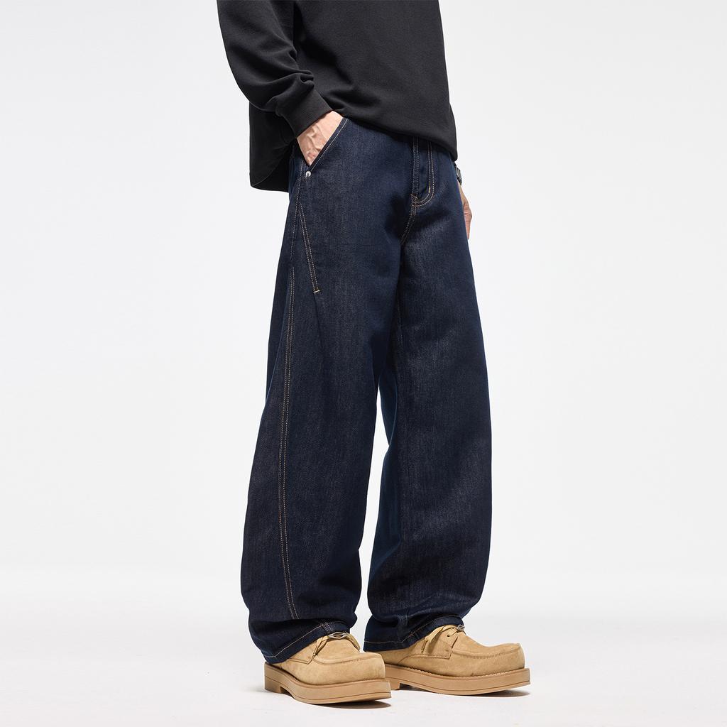 American Retro Trendy Brand Dark Blue Scimitar Jeans Men's New Trend Loose Wide-leg Casual Long Pants