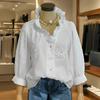 Women Shirt V-Neck Lace Trim Long Sleeve Pullover Tops Pure Color Embroidery Flower Pattern