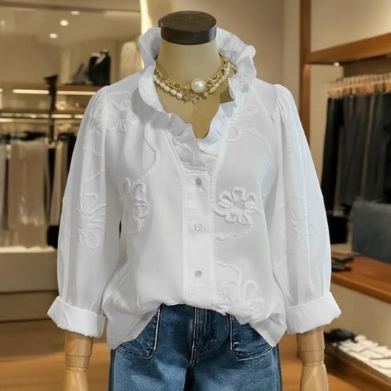 Women Shirt V-Neck Lace Trim Long Sleeve Pullover Tops Pure Color Embroidery Flower Pattern