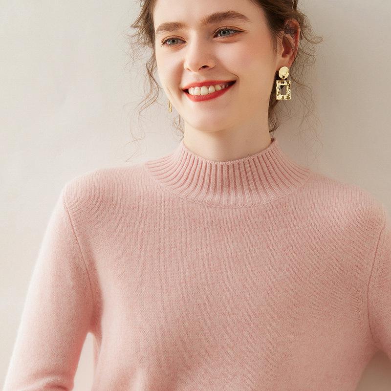 Damen Kaschmir Einfarbig Halbhoher Kragen Pullover - Schlankmachend, Lockere Passform, Gestrickter Langarm für Herbst/Winter.