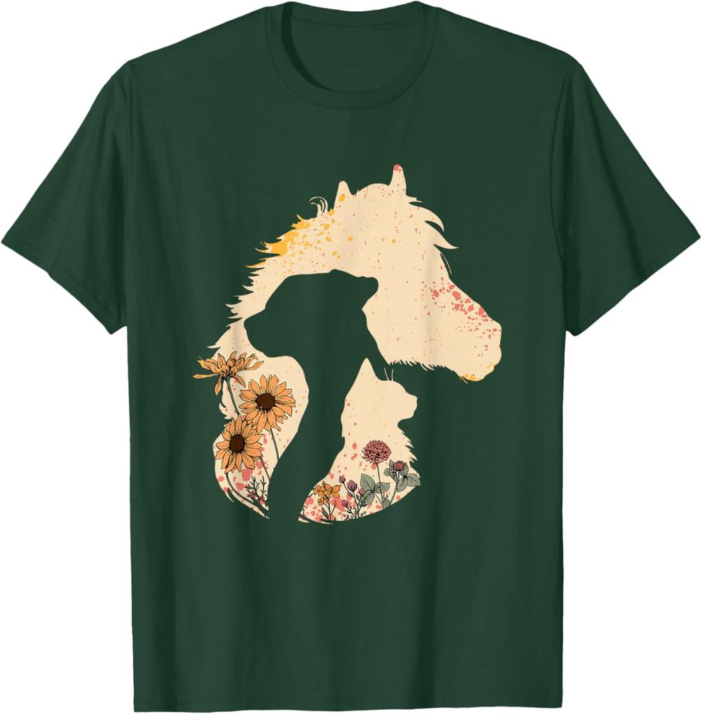 Pferd Hund Katze Silhouette Floral Boho Vintage Grafik T-Shirt Weiches Lässiges Baumwoll-T-Shirt Damen