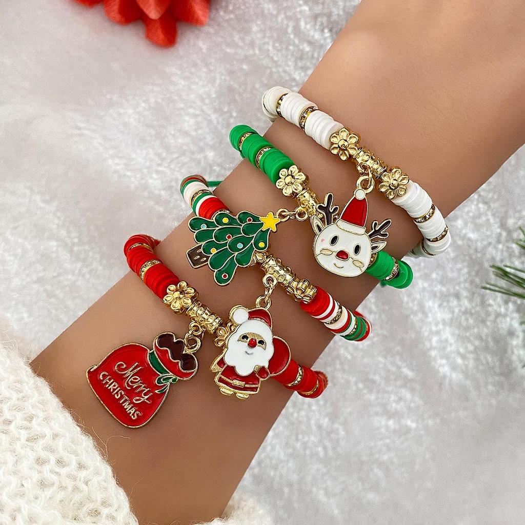 Christmas Polymer Clay Bead Bracelet Set: Santa Claus, Reindeer, and Tree