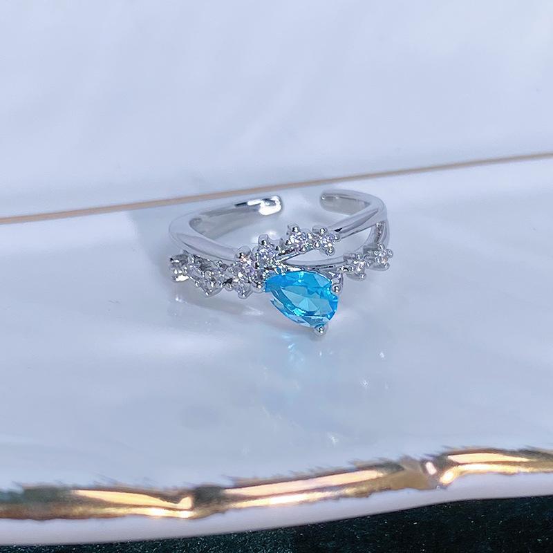 Caibao Personalized Sea Blue Micro-Inlaid Zir*****Pen Ring Female Geometric Niche Light Luxury High-End Ring Female