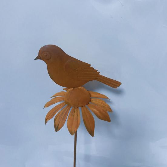 Rostige Gartendekorationsstäbe, Metallblumen Vogel Dekoration, Rostiger Metall Gänseblümchen Vogelstab, Pflanzgefäß Dekorationen für Innen Außen Hinterhof