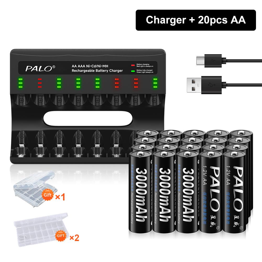 PALO 1.2V NIMH AA Rechargeable Battery with Smart AA Battery Charger 1.2V 3000mAh 2A Battery for Remote Control Toy Camera
