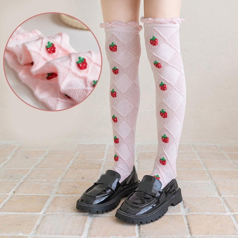 Baby Girls Long Tube Socks Spring Autumn Summer Thin Kids Strawberry Printed Socks Over Knee Length Stockings