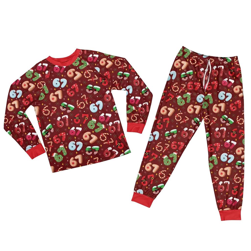 Children's Christmas Print Sets Pajamas Loungewear Outfits Family Matching Long Sleeve Tops+Pants Set