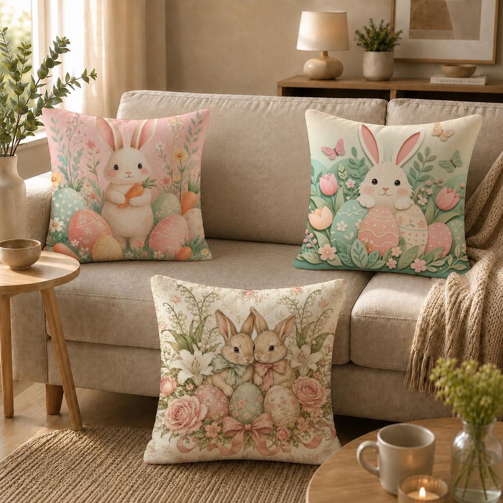 Art Spring Bunnies and Easter Eggs Cushion Cover Soft Short Plush SkinFriendly Cushion Case for MultiScene Use