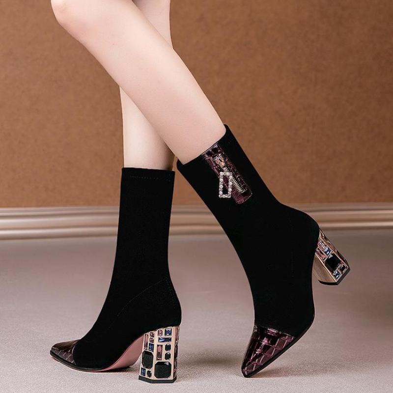 Damenstiefel Stoff High-Heel Herbst Sockenstiefel Damenmode Reißverschluss High-Heel Schuhe mit spitzer Zehe tragen
