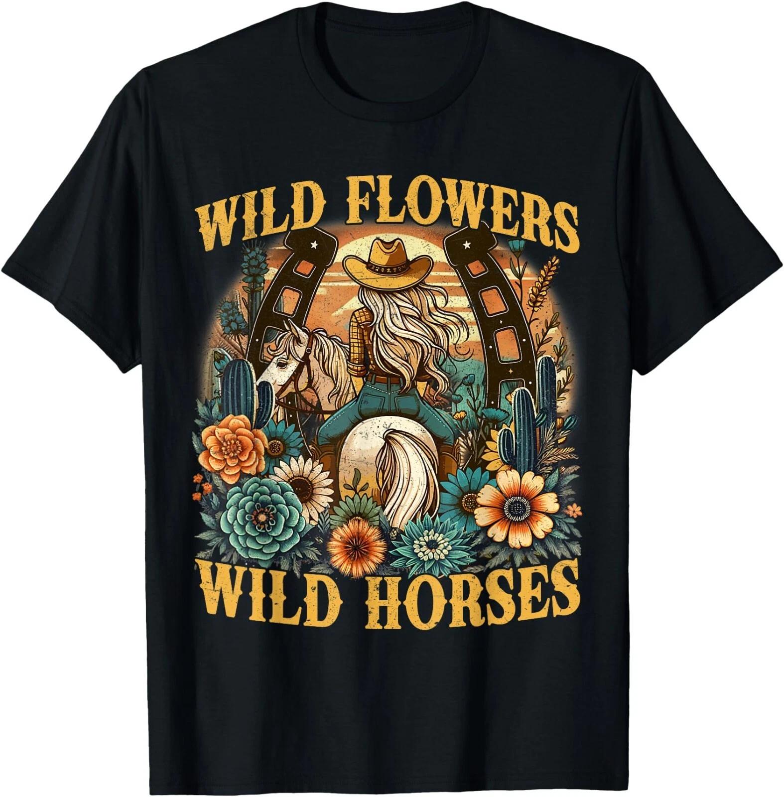 Retro Southern Sunset Cowgirl Wild Flowers - Wild Horses T-Shirt , Unisex Tee L