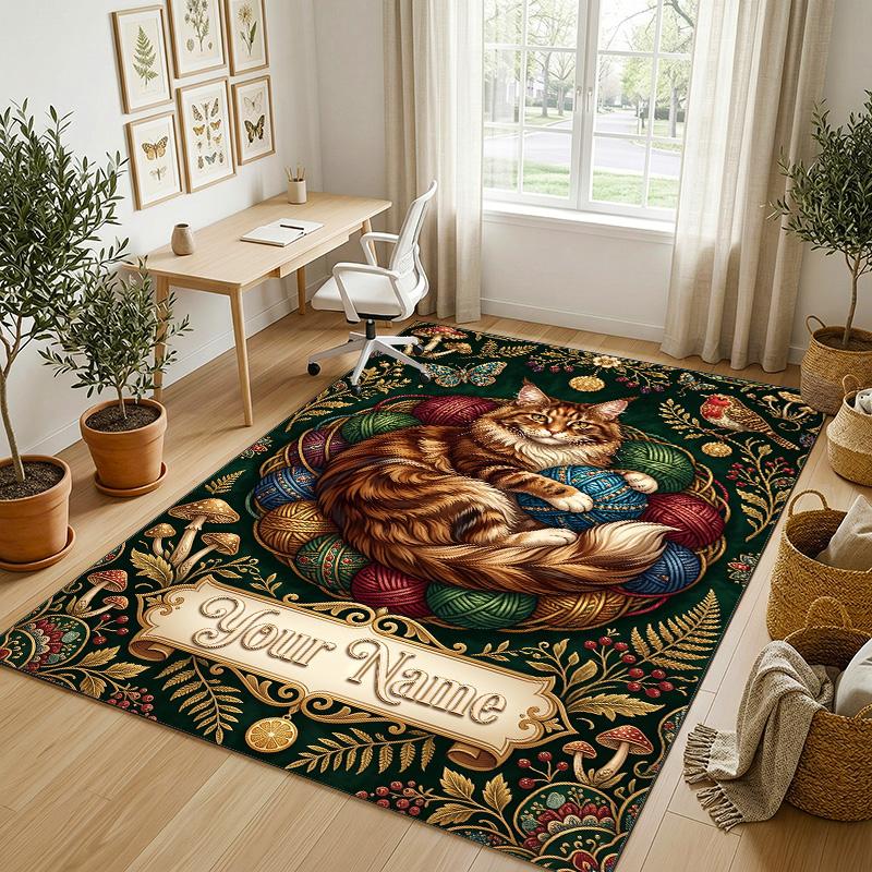 Cat Theme Crystal Velvet Rug Personalized Custom Name Text Soft Floor Mat Home Decor