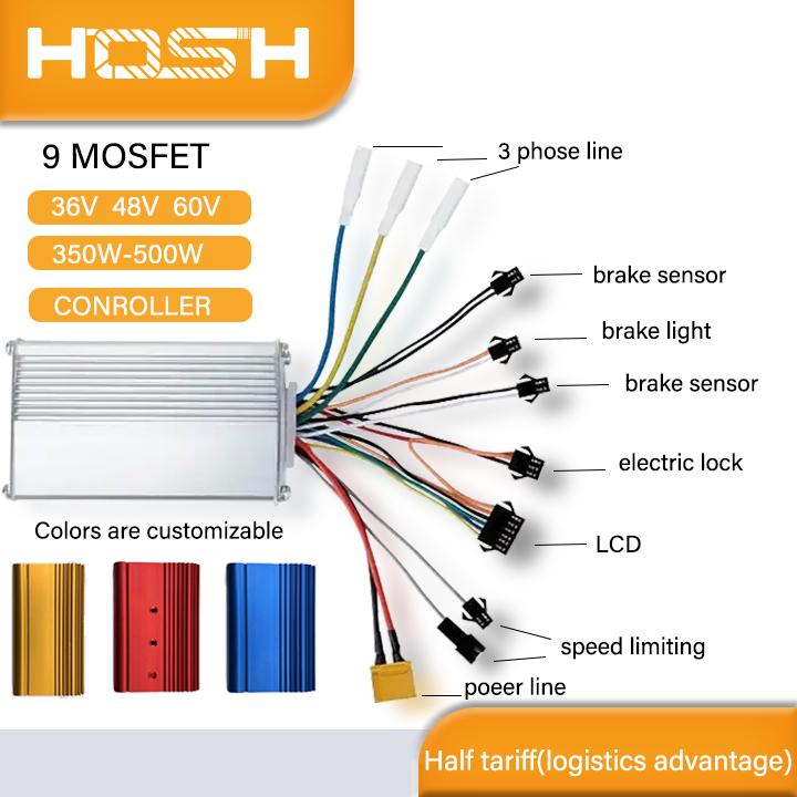 HOSH Ebike 48V 15A 250W Brushless Motor DC Controller with Double Light Wire SM Plug 6 Mosfet for Electric Bicycle