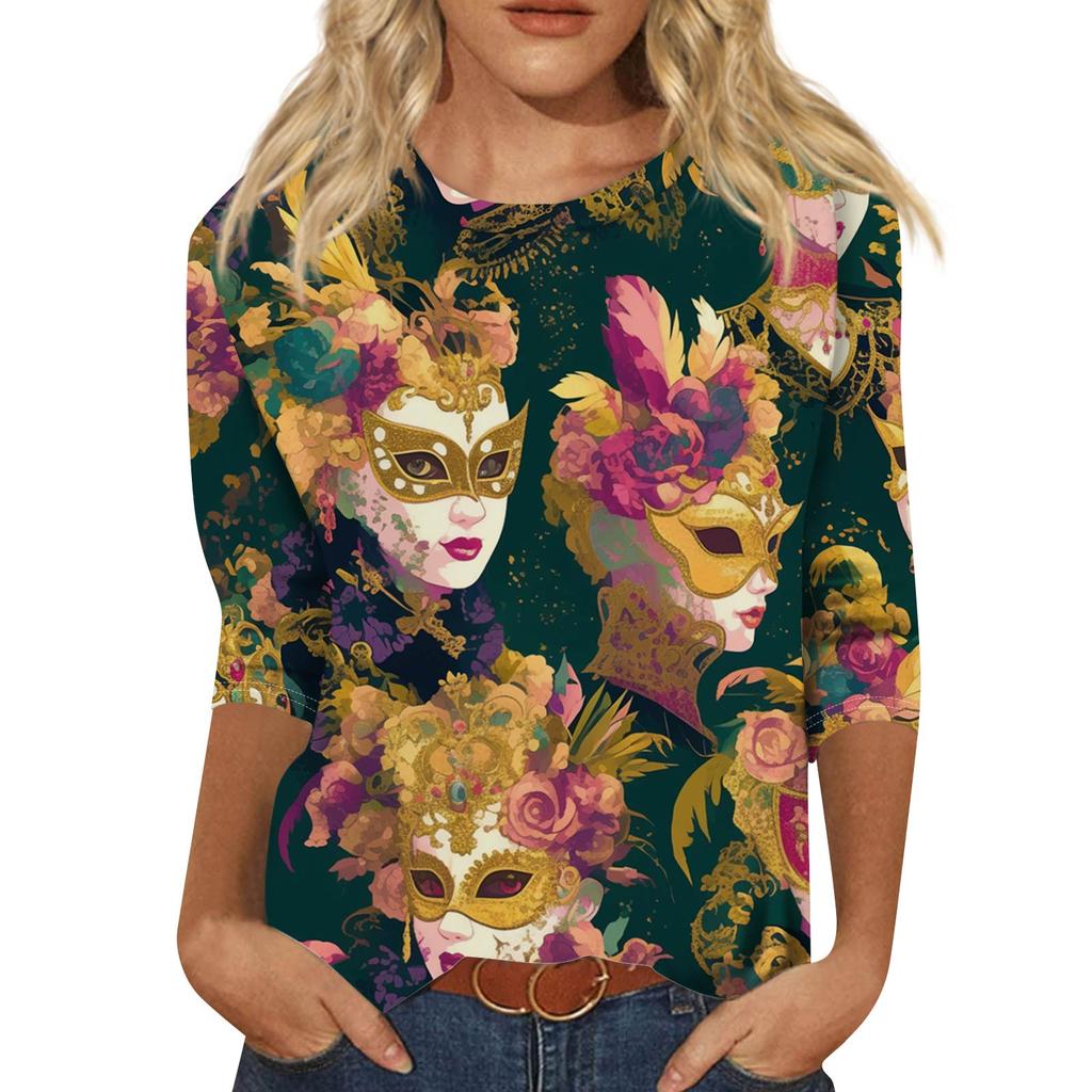 Top de Cuello con Estampado de Carnaval de Manga Tres Cuartos Casual y a la Moda para Mujer