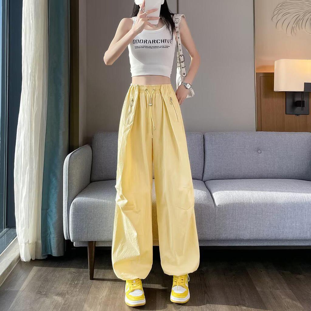 Women's Summer High Waist Yellow Drape Skirt Pants - Korean Style Loose Slimming Wide-Leg Casual Lantern Design.