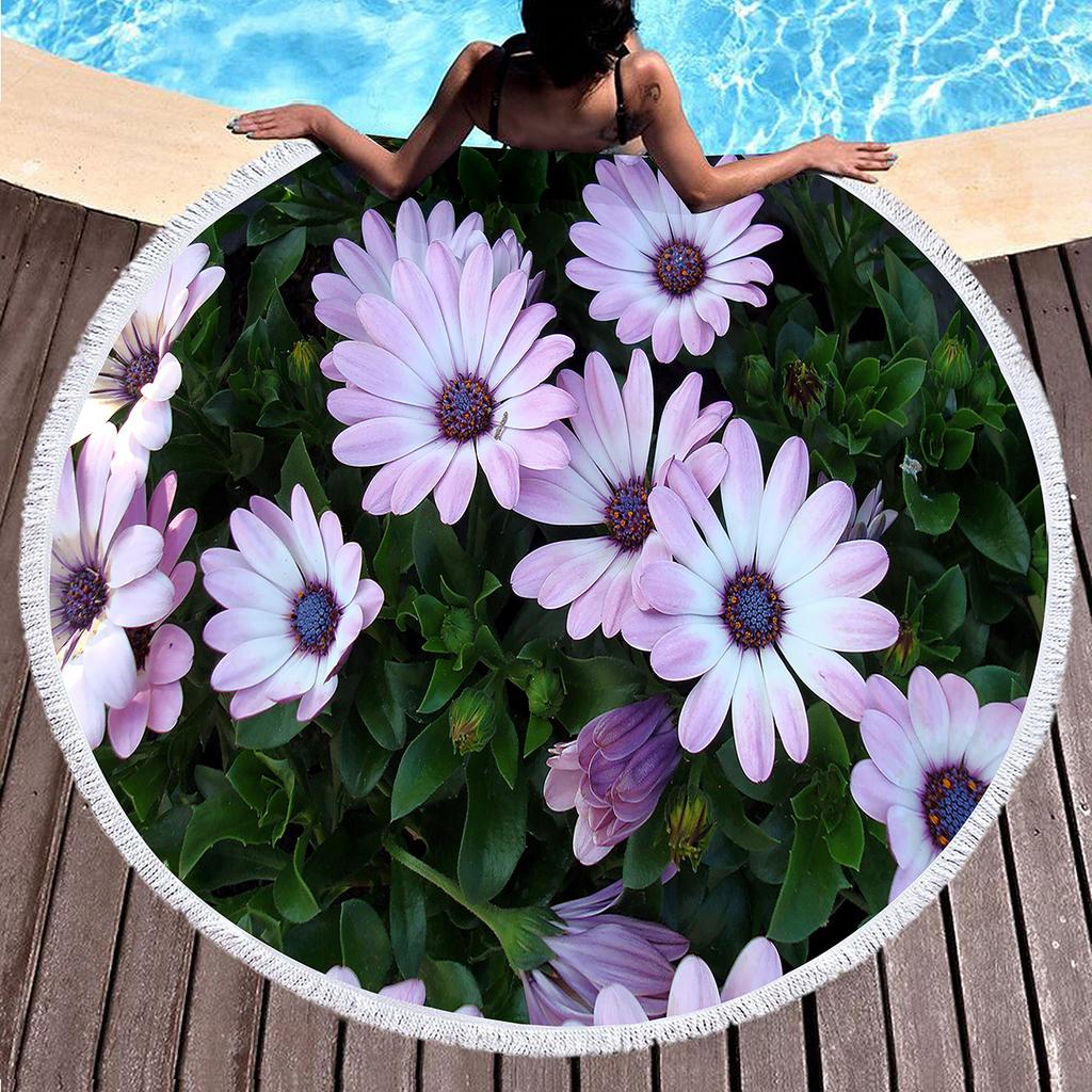 Botanical Floral Round Beach Towel, Garden Flowers Daisy Beach Blanket, Rustic Farmhouse Style Pool Towel, Portable Picnic Mat