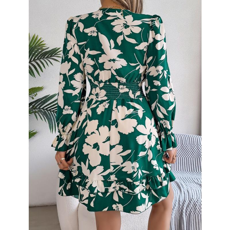 Women's Autumn/winter Casual Flower Lace-up Long Sleeve A-line Dress with Wooden Ear Trim