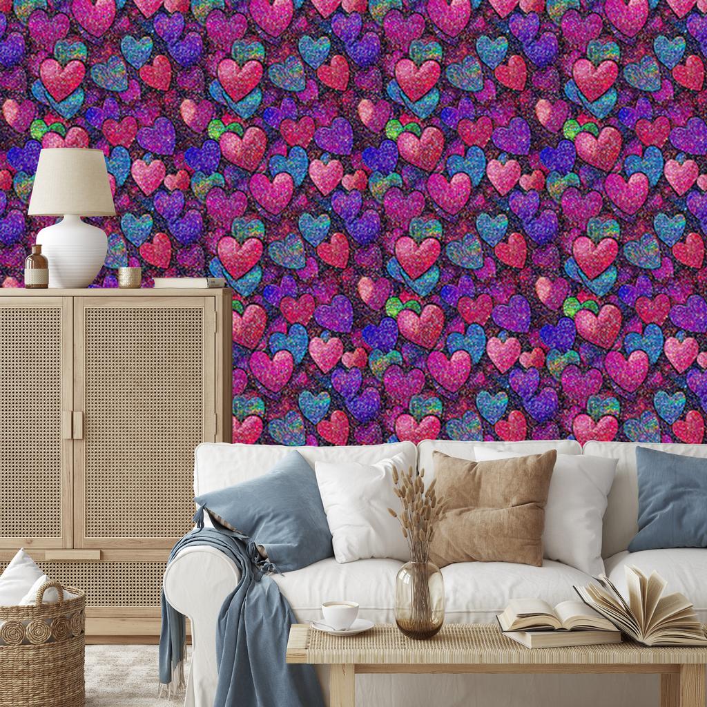 Neon Glitter Hearts Wallpaper Purple, Violet and Plum 50x1000