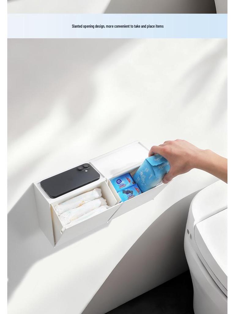Väggmonterad förvaringsbox för toalettpapper och mensskydd med tipplock, Dammtät organizer, Utan hål