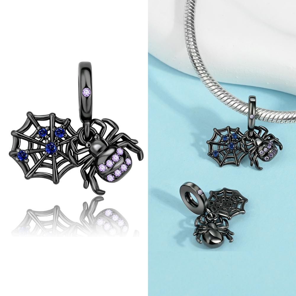 New Gothic Style 925 Sterling copper Black Spider&Red Rose Skull&Scorpion&Death Dangle Charm Fit DIY Bracelet Dark Zircon