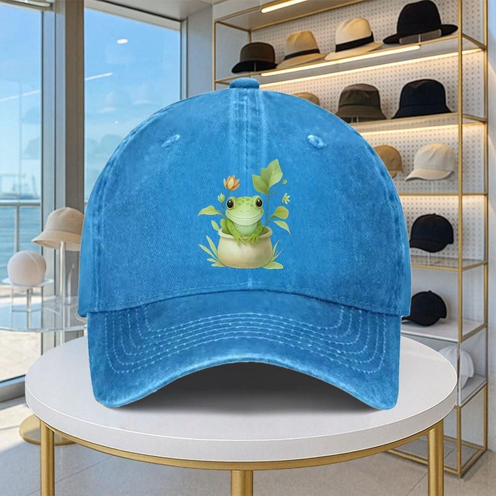 Cute Cartoon Frog Print Washed Denim Baseball Cap Adjustable Casual Sun Hat