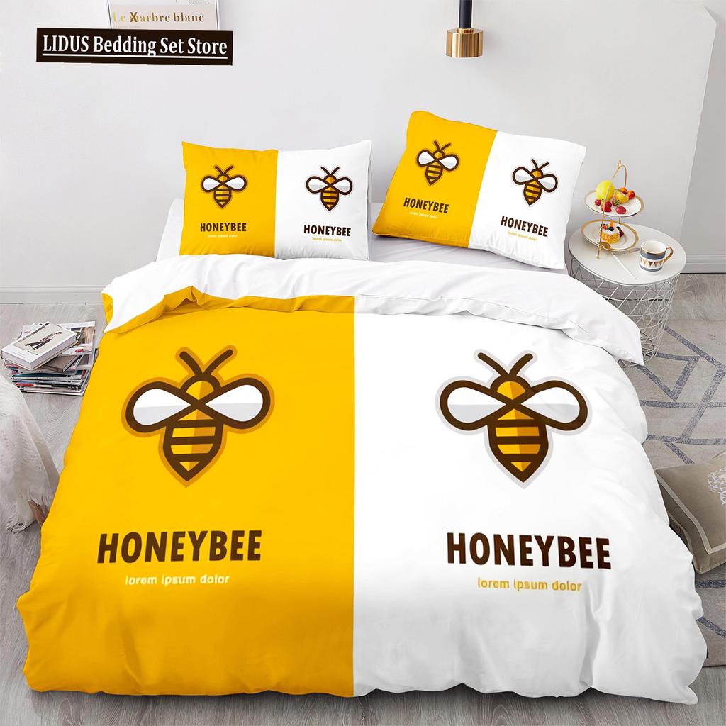 Bee Duvet Cover Set King Queen Size Yellow White Black Cartoon Angry Bee 3D Printed For Kids Boy Girl Teen Polyester Bedding Set