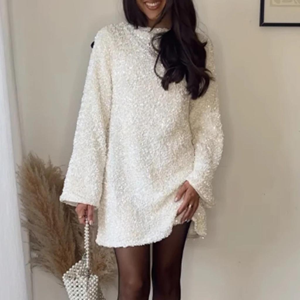 Women's Round Neck Long Sleeve Sparkling Sequin Dress Backless Bow Sexy And Cute Party Dress