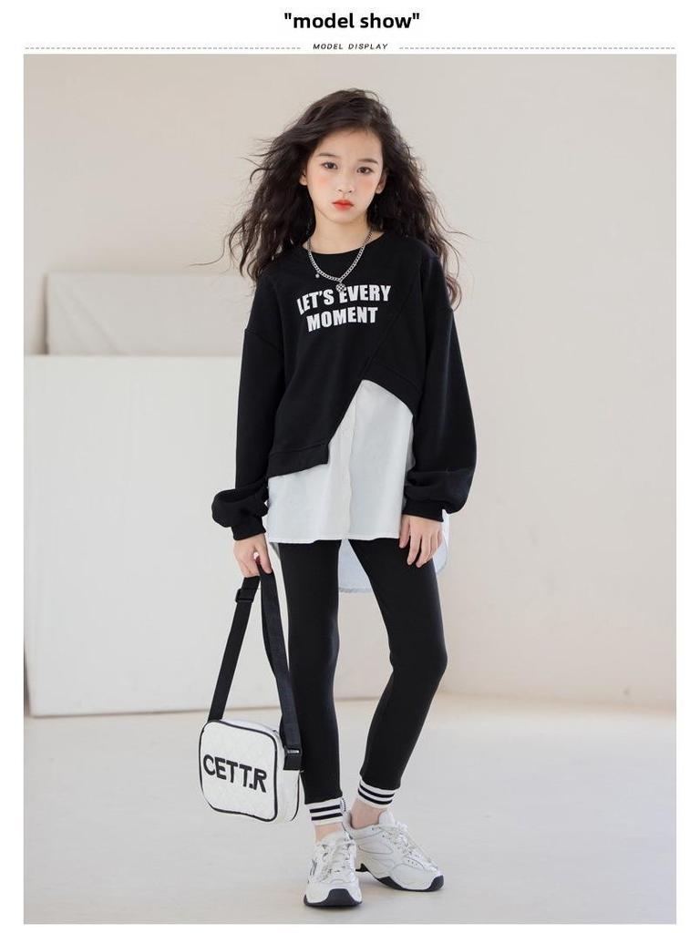 Lányok koreai stílusú aszimmetrikus pulóverkészlet – 2024 tavaszi/őszi kétrészes divatos gyerekeknek