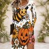 Women Criss Cross V Neck Long Sleeve Halloween Printed Curved Hem Dress